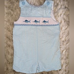 Southern Tots Blue Plaid Seersucker Swordfish Smocking Overall Romper size 3T